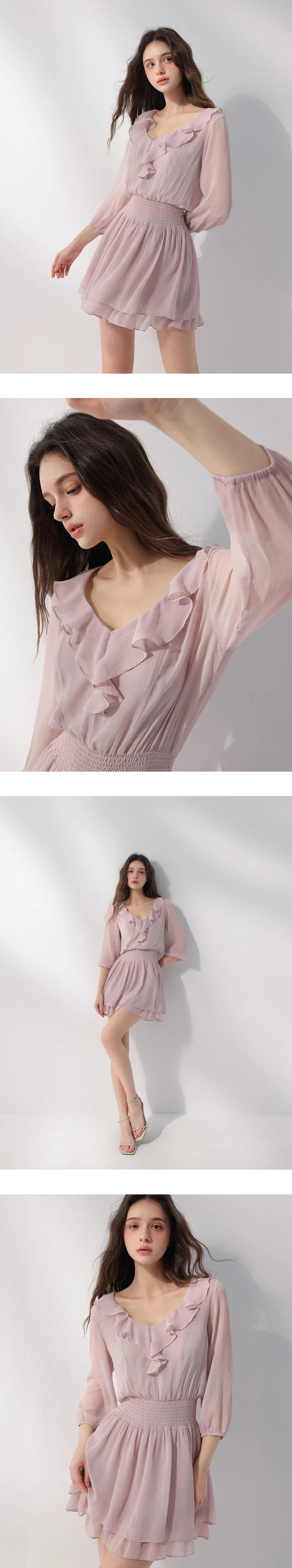 V領荷葉邊七分袖皺褶收腰雙層傘擺透膚雪紡短洋裝