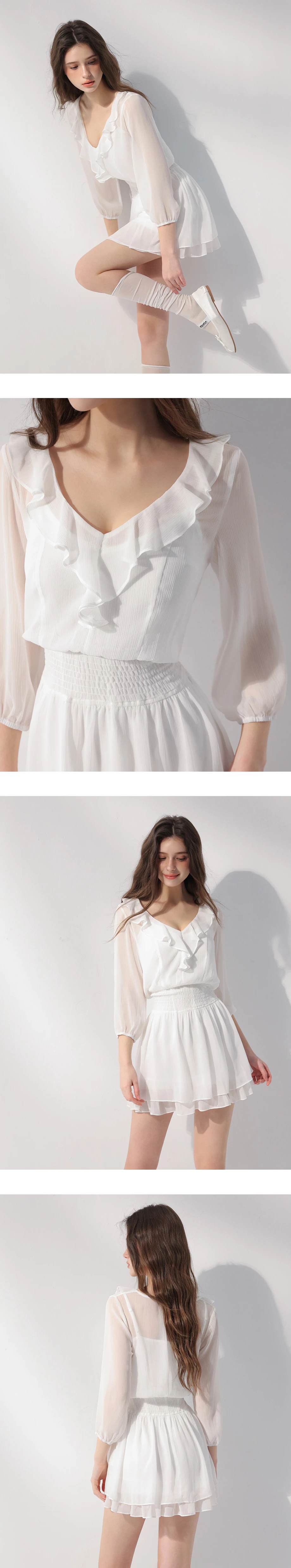V領荷葉邊七分袖皺褶收腰雙層傘擺透膚雪紡短洋裝