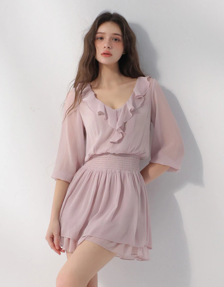 V領荷葉邊七分袖皺褶收腰雙層傘擺透膚雪紡短洋裝