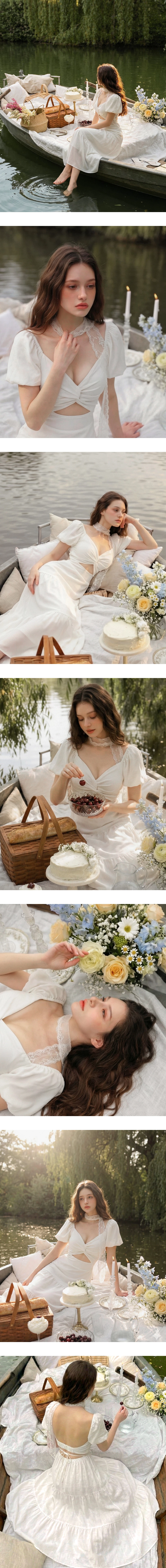 桃心領扭結抓褶美背鏤空綁帶澎袖蛋糕長洋裝(附胸墊)