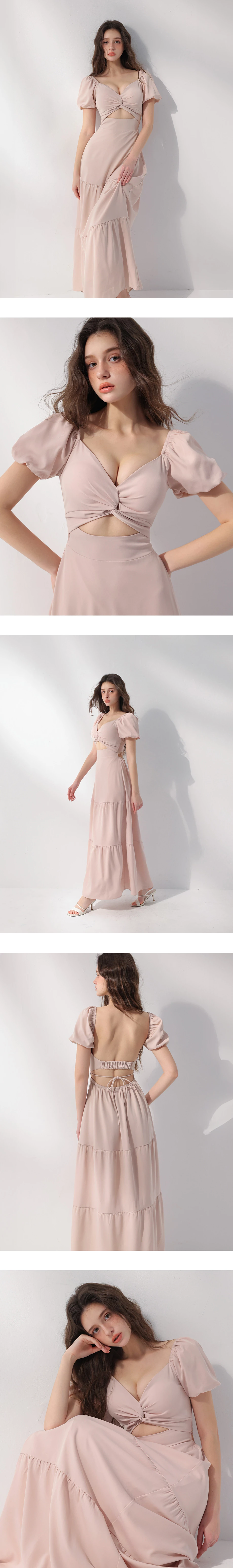 桃心領扭結抓褶美背鏤空綁帶澎袖蛋糕長洋裝(附胸墊)