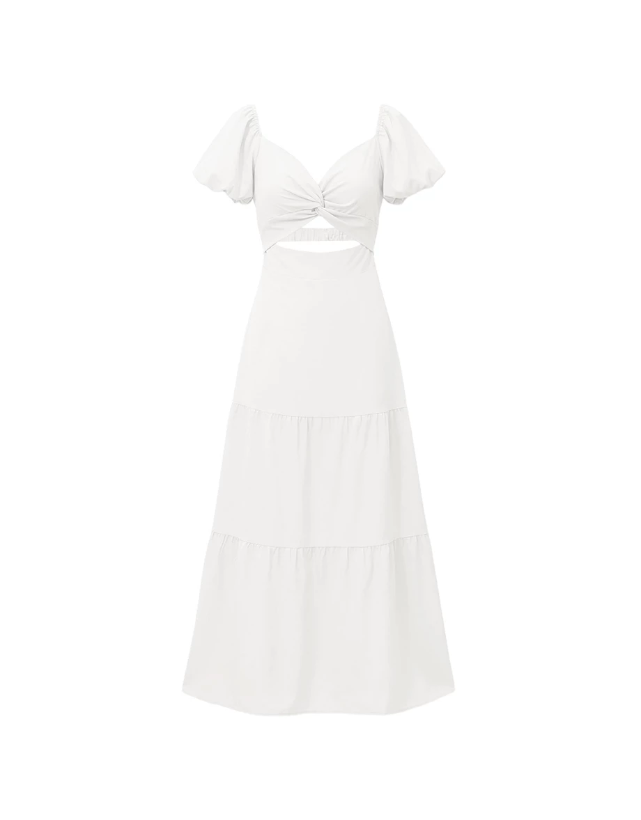 桃心領扭結抓褶美背鏤空綁帶澎袖蛋糕長洋裝(附胸墊)