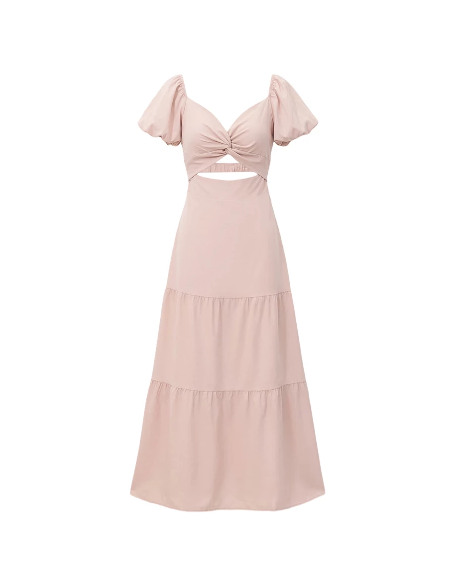 桃心領扭結抓褶美背鏤空綁帶澎袖蛋糕長洋裝(附胸墊)