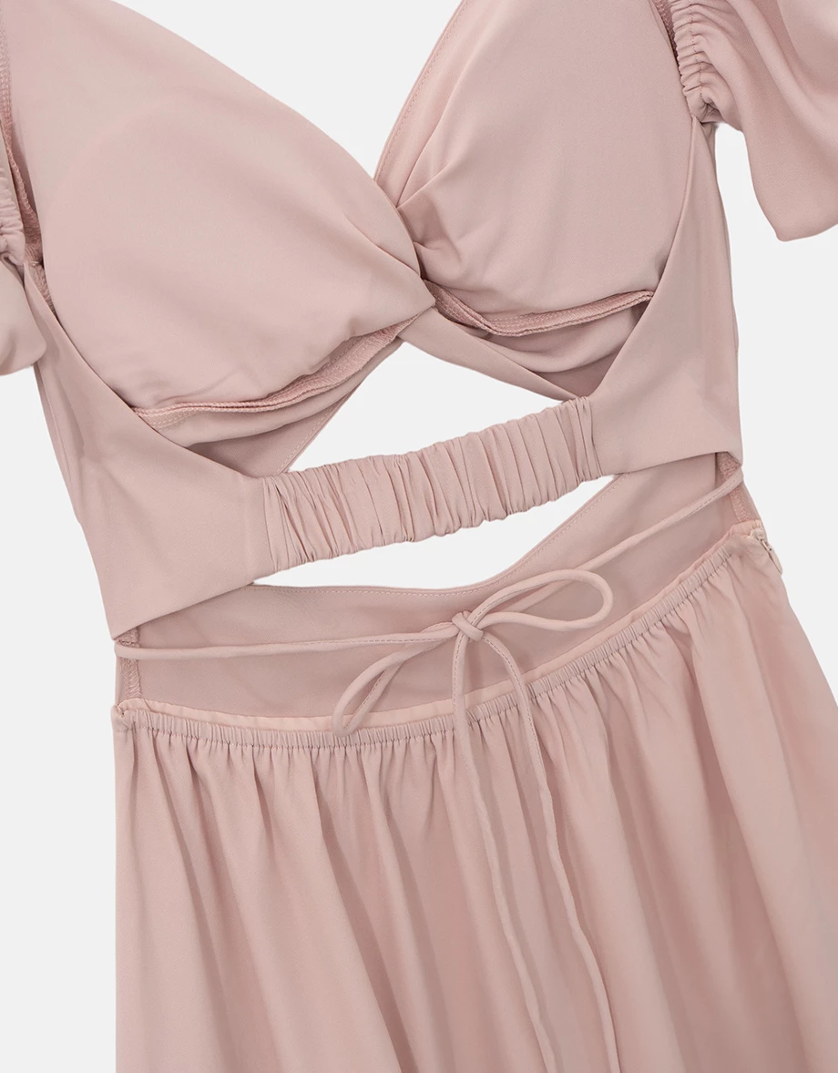 桃心領扭結抓褶美背鏤空綁帶澎袖蛋糕長洋裝(附胸墊)