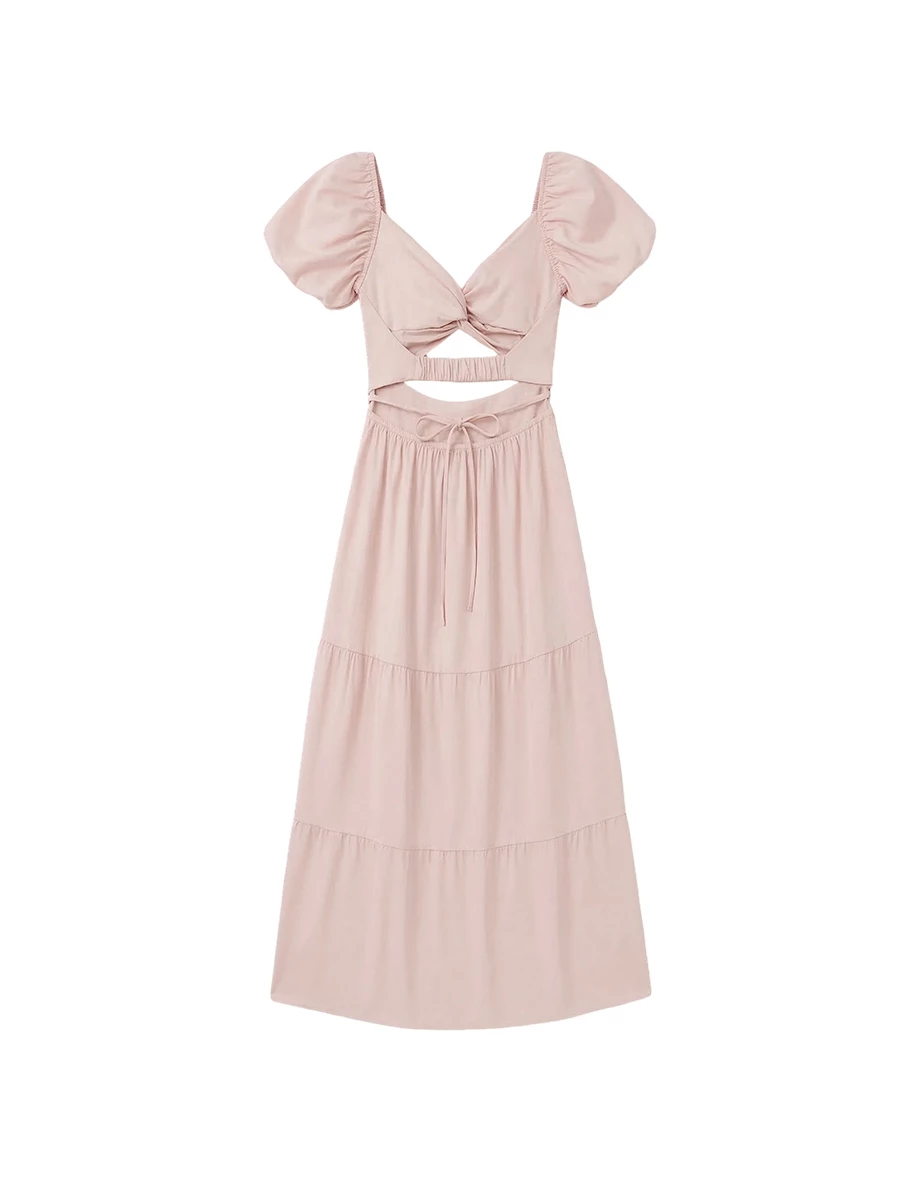 桃心領扭結抓褶美背鏤空綁帶澎袖蛋糕長洋裝(附胸墊)