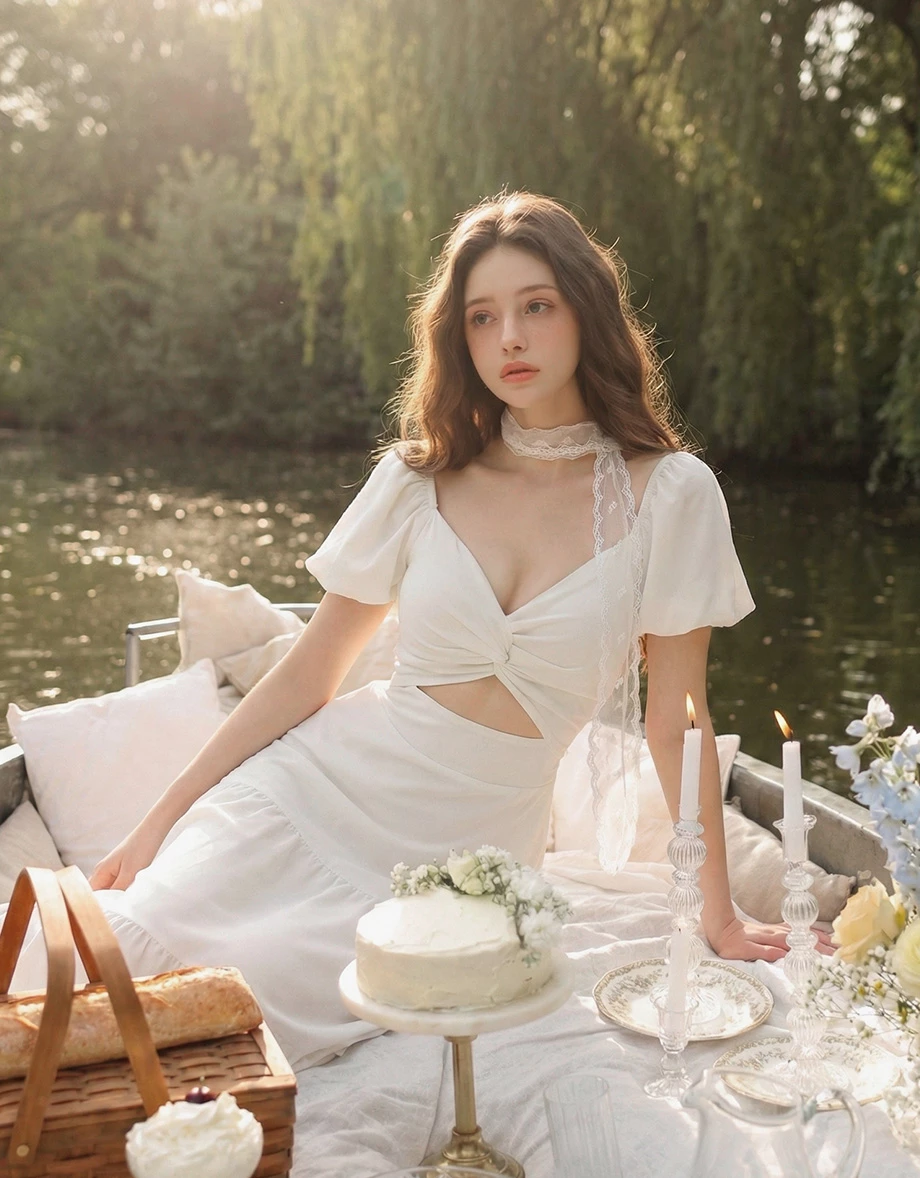 桃心領扭結抓褶美背鏤空綁帶澎袖蛋糕長洋裝(附胸墊)