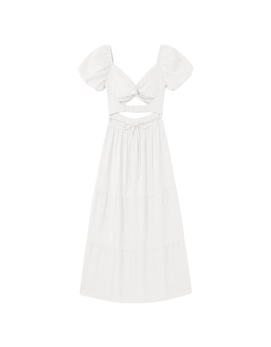 桃心領扭結抓褶美背鏤空綁帶澎袖蛋糕長洋裝(附胸墊)