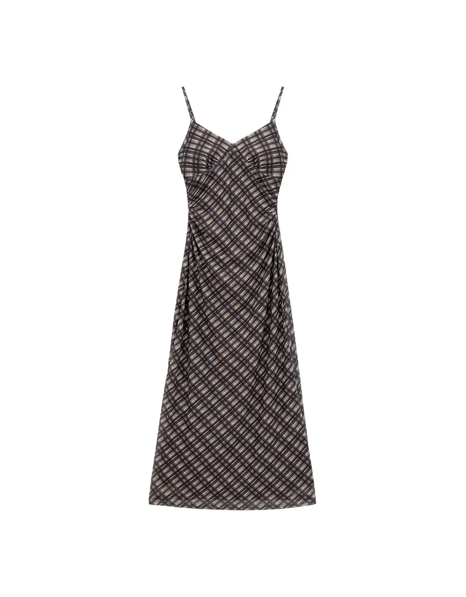 V Neck Side Ruched Detail Plaid Padded Cami Maxi Dress V Neck Side Ruched Detail Plaid Padded Cami Maxi Dress