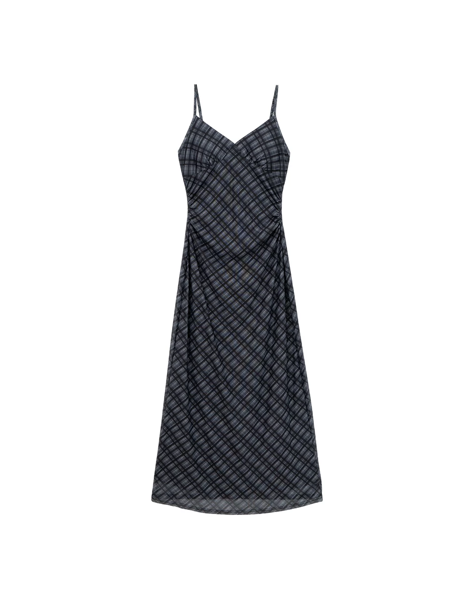 V Neck Side Ruched Detail Plaid Padded Cami Maxi Dress