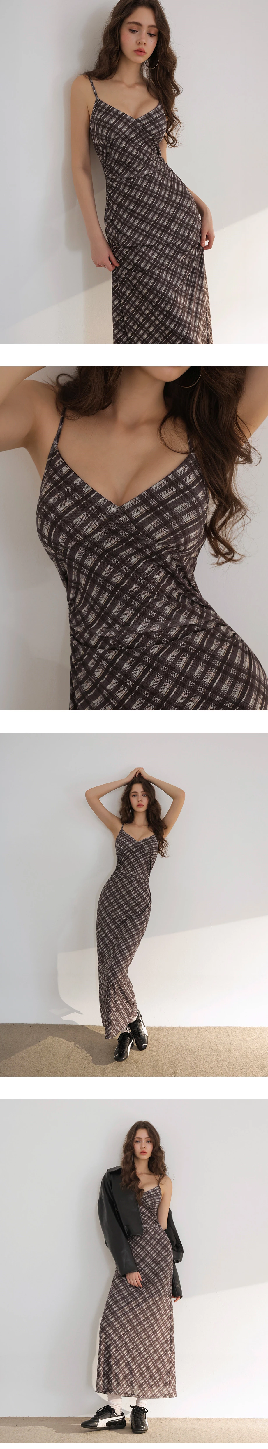 V Neck Side Ruched Detail Plaid Padded Cami Maxi Dress V Neck Side Ruched Detail Plaid Padded Cami Maxi Dress