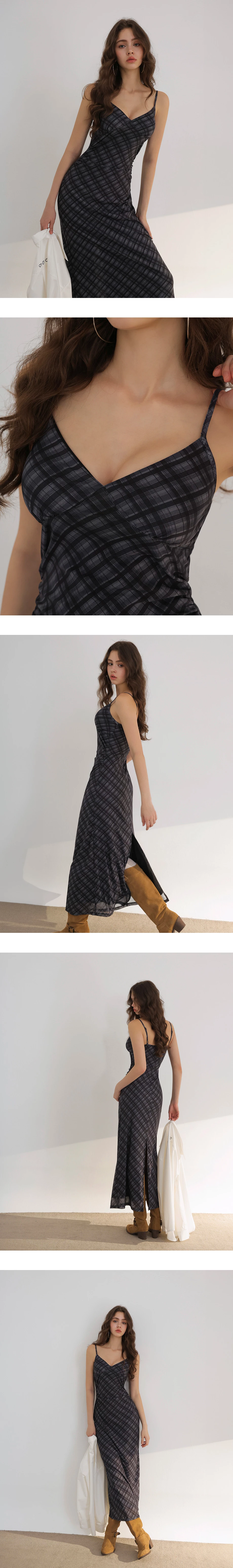 V Neck Side Ruched Detail Plaid Padded Cami Maxi Dress V Neck Side Ruched Detail Plaid Padded Cami Maxi Dress