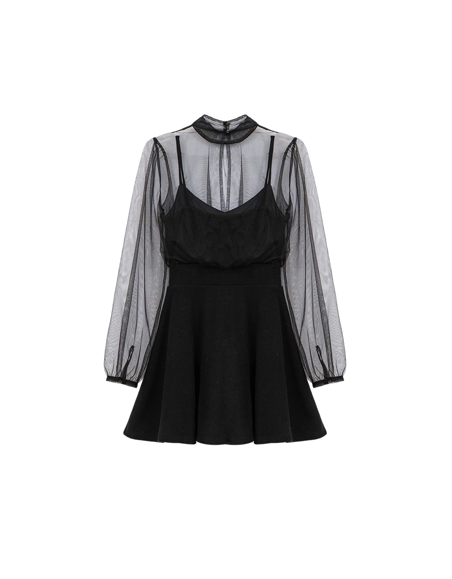 假兩件立領透紗澎袖後開美背傘擺短洋裝(附胸墊)