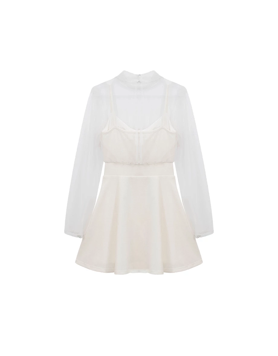 假兩件立領透紗澎袖後開美背傘擺短洋裝(附胸墊)