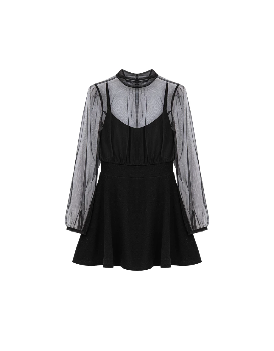 假兩件立領透紗澎袖後開美背傘擺短洋裝(附胸墊)