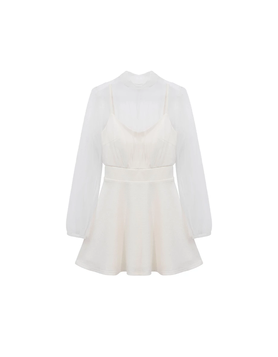 假兩件立領透紗澎袖後開美背傘擺短洋裝(附胸墊)