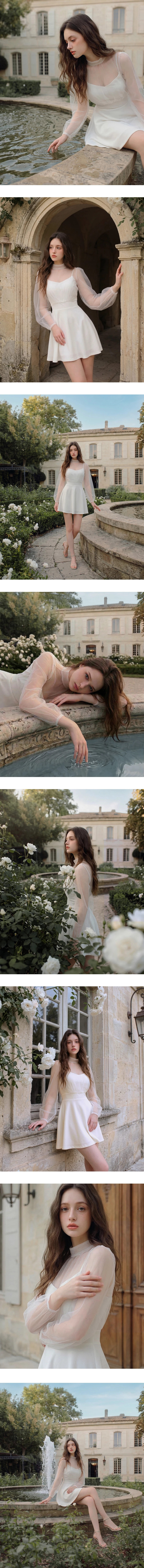 假兩件立領透紗澎袖後開美背傘擺短洋裝(附胸墊)