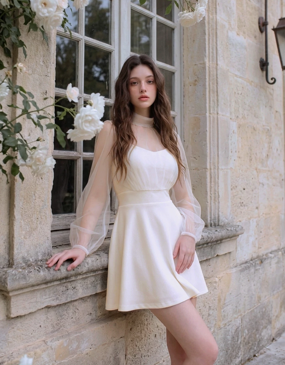 假兩件立領透紗澎袖後開美背傘擺短洋裝(附胸墊)