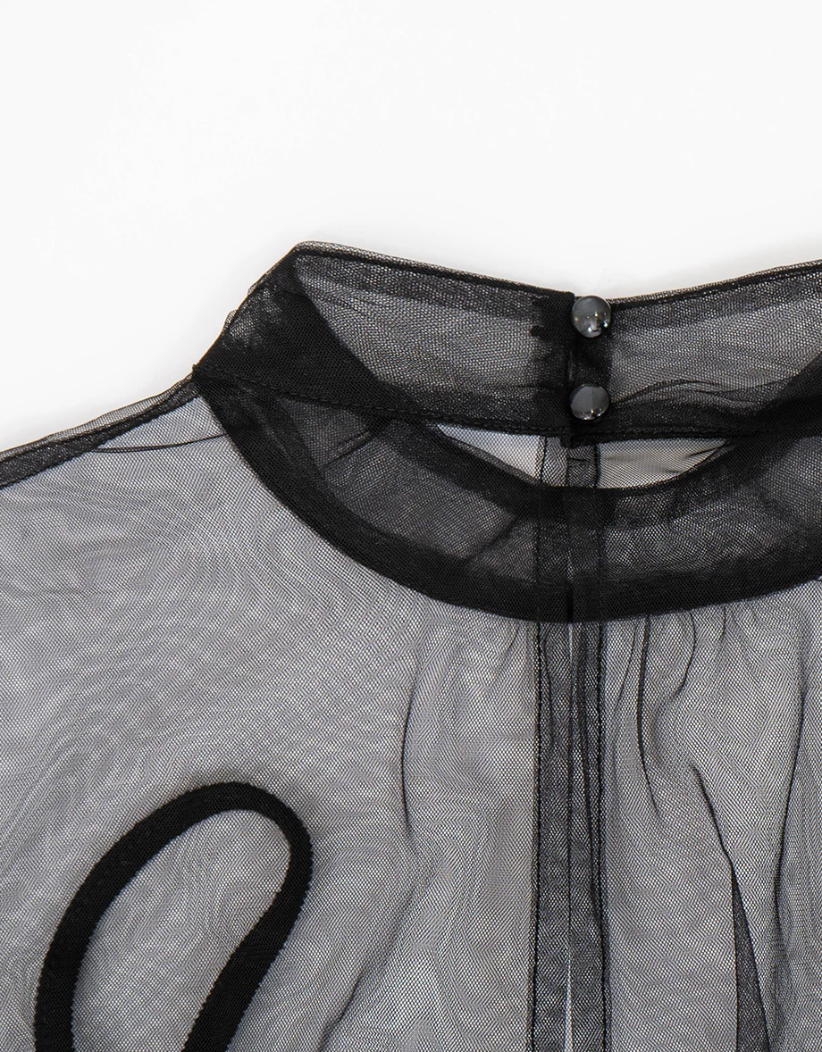 假兩件立領透紗澎袖後開美背傘擺短洋裝(附胸墊)