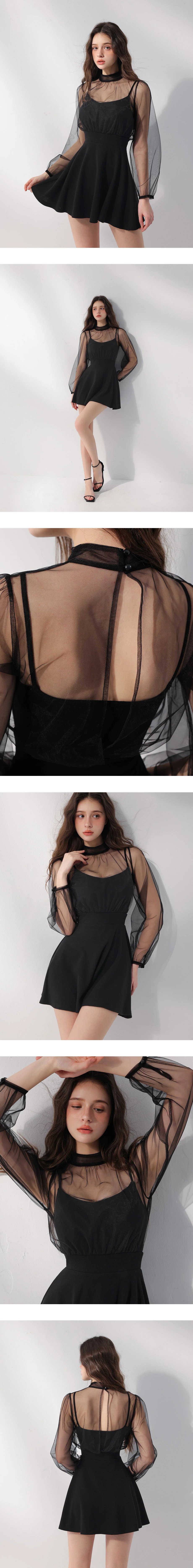 假兩件立領透紗澎袖後開美背傘擺短洋裝(附胸墊)