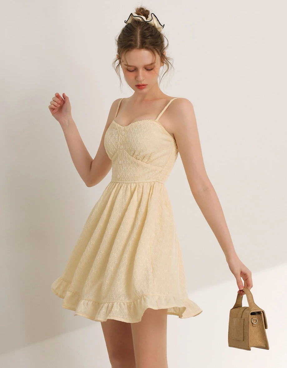 花邊桃心領排扣菱格蕾絲細肩帶荷葉傘擺短洋裝