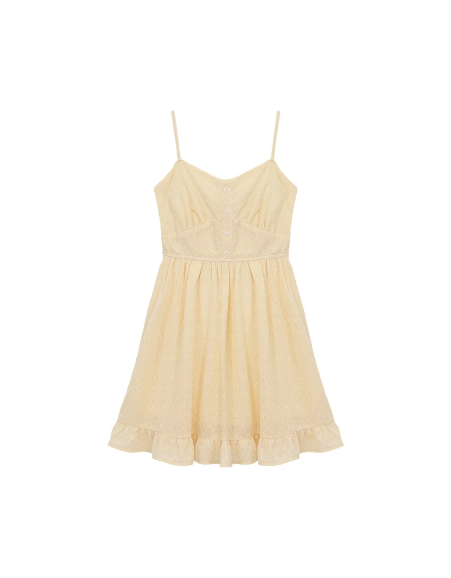 花邊桃心領排扣菱格蕾絲細肩帶荷葉傘擺短洋裝