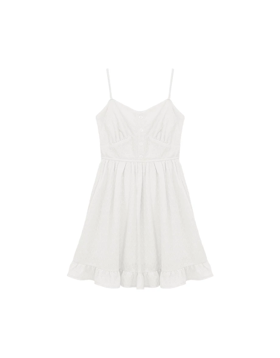 花邊桃心領排扣菱格蕾絲細肩帶荷葉傘擺短洋裝