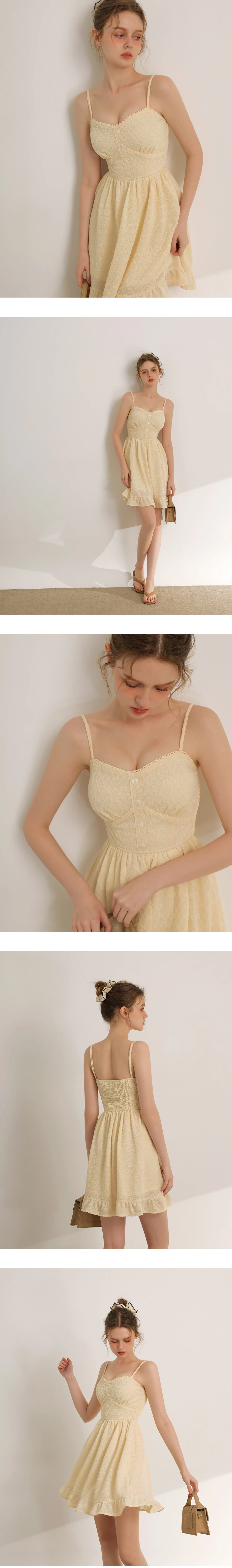 花邊桃心領排扣菱格蕾絲細肩帶荷葉傘擺短洋裝