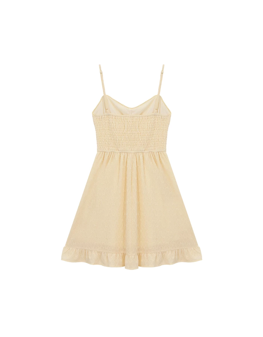 花邊桃心領排扣菱格蕾絲細肩帶荷葉傘擺短洋裝 花邊桃心領排扣菱格蕾絲細肩帶荷葉傘擺短洋裝