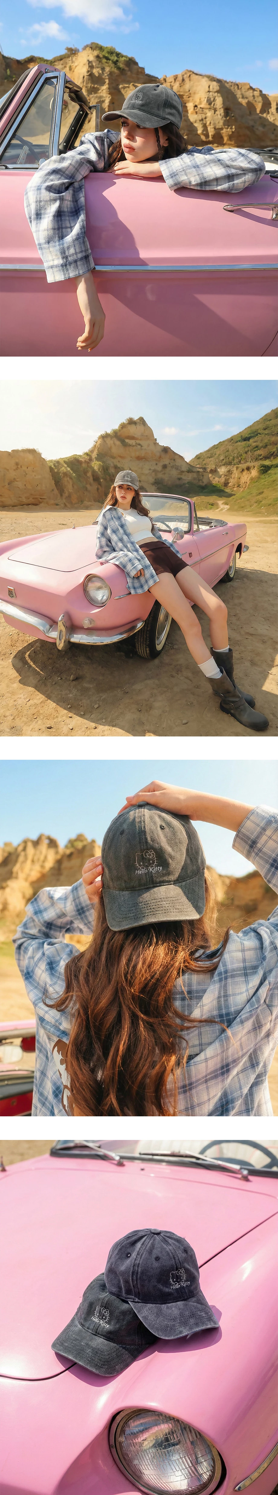 【Hello Kitty Collaboration】Embroidered Washed Denim Baseball Cap