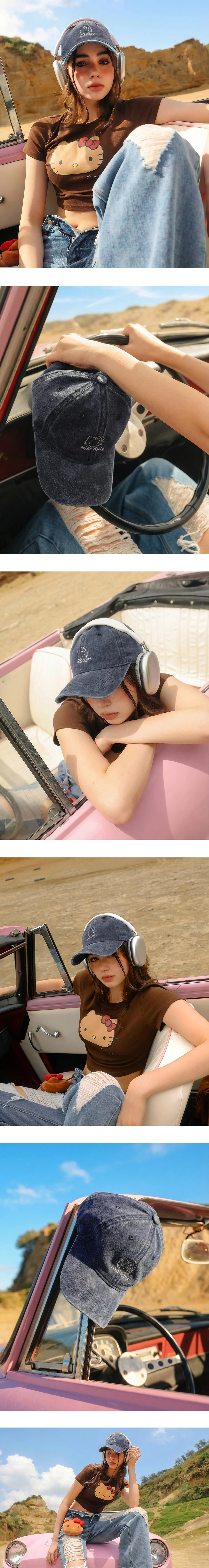 【Hello Kitty Collaboration】Embroidered Washed Denim Baseball Cap