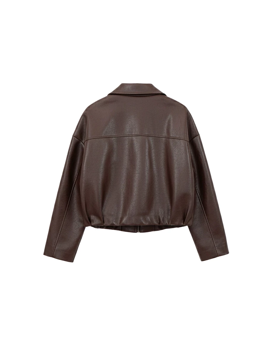 Oversized Zip Up Faux Leather Biker Jacket with Side Zip Pockets