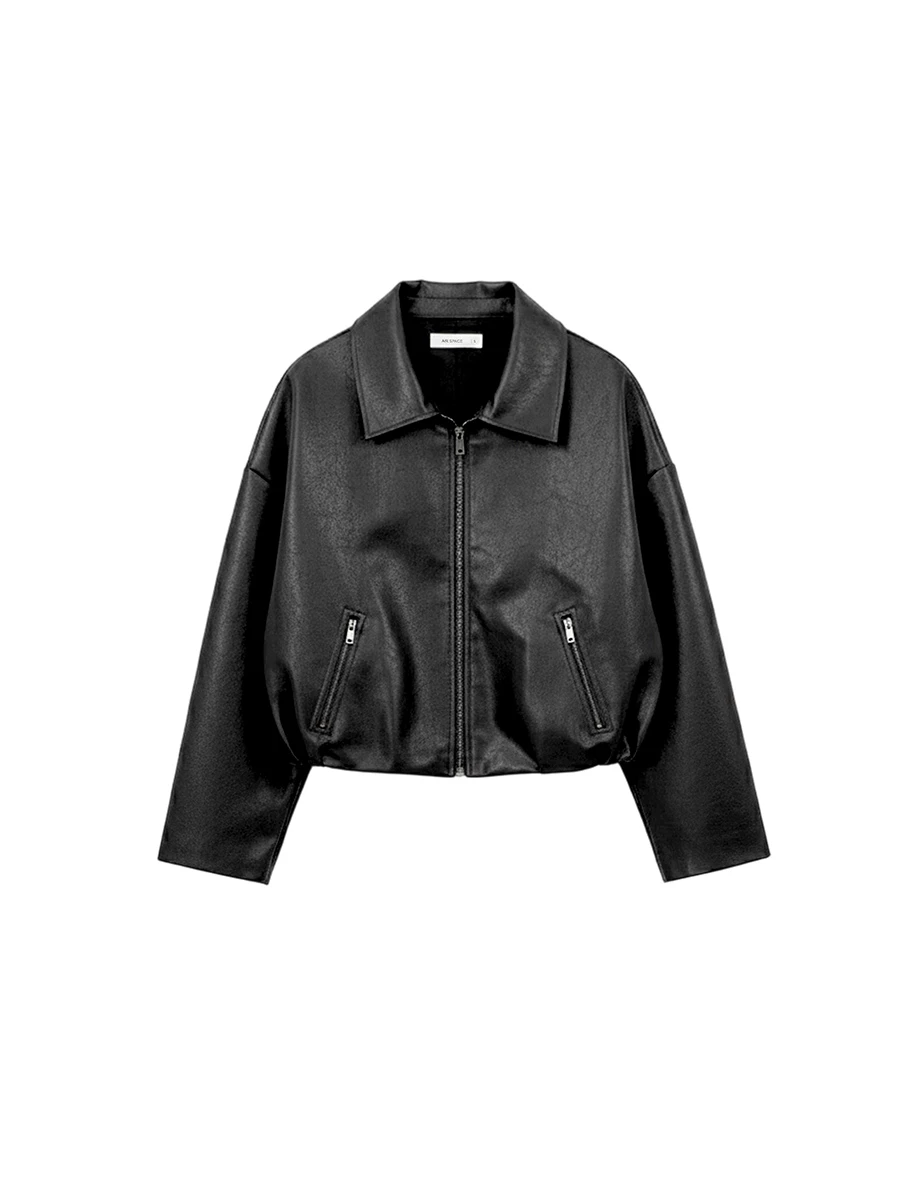 Oversized Zip Up Faux Leather Biker Jacket with Side Zip Pockets Oversized Zip Up Faux Leather Biker Jacket with Side Zip Pockets