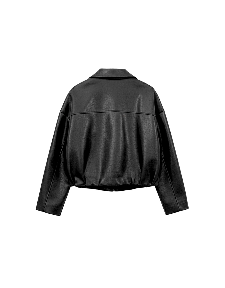 Oversized Zip Up Faux Leather Biker Jacket with Side Zip Pockets