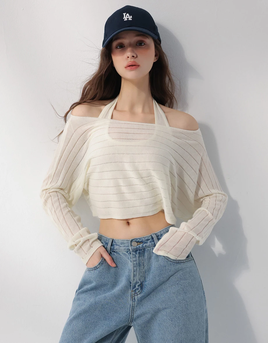 2WAY 一字領連袖鏤空條紋短版針織衫繞頸背心套裝