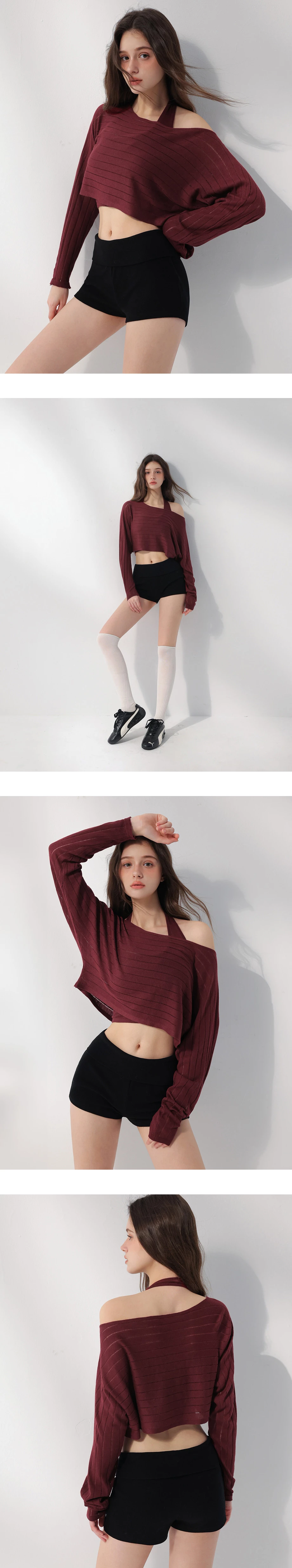 2WAY 一字領連袖鏤空條紋短版針織衫繞頸背心套裝