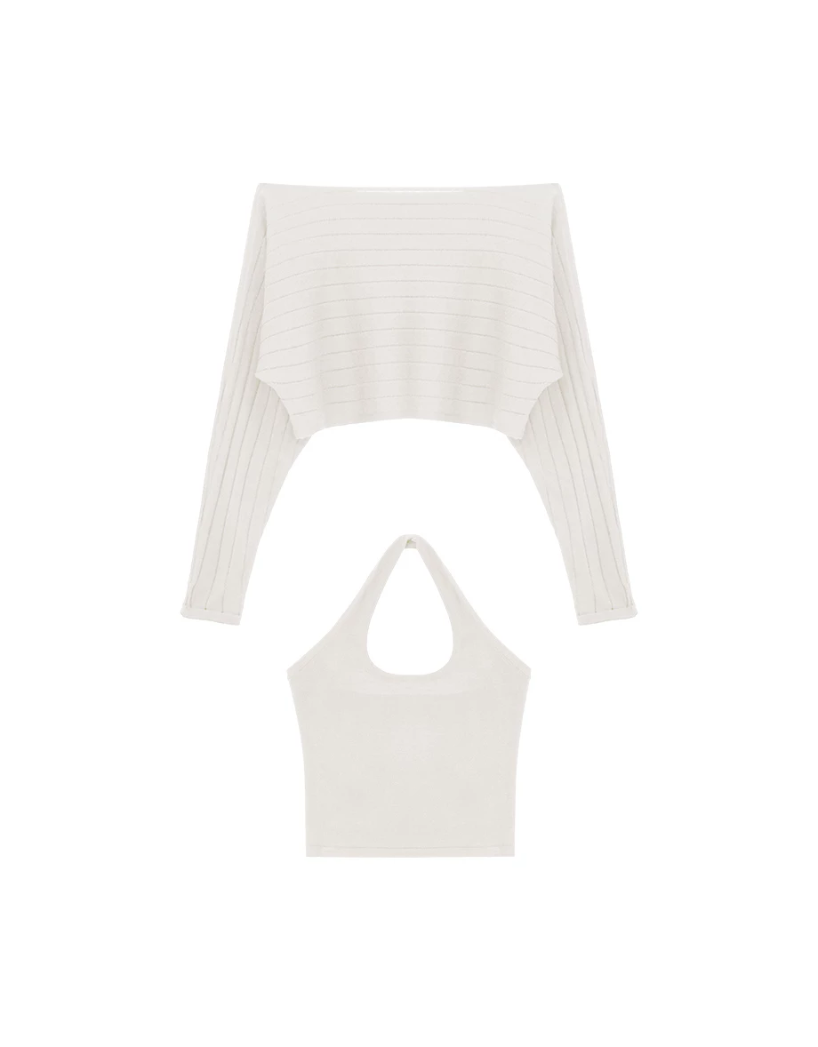 2WAY 一字領連袖鏤空條紋短版針織衫繞頸背心套裝