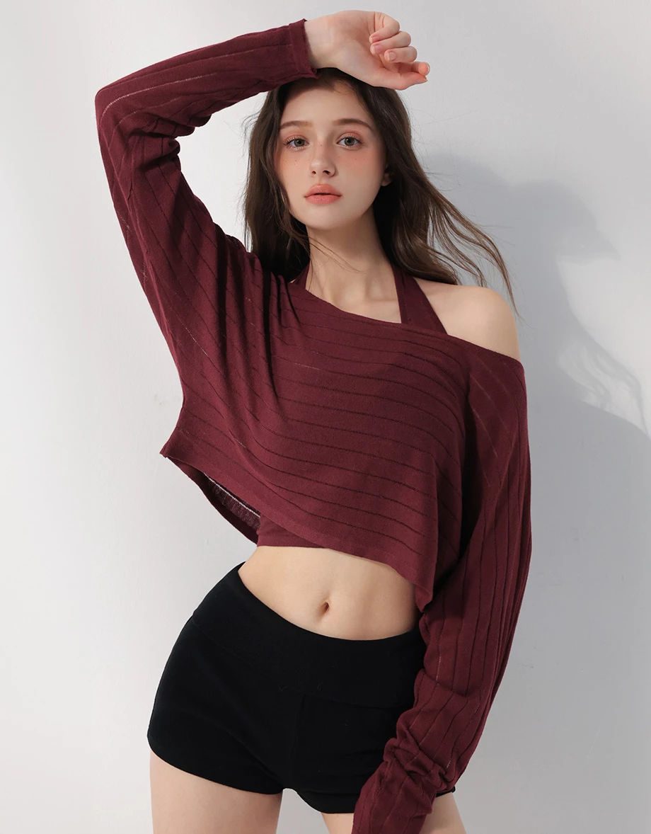 2WAY 一字領連袖鏤空條紋短版針織衫繞頸背心套裝