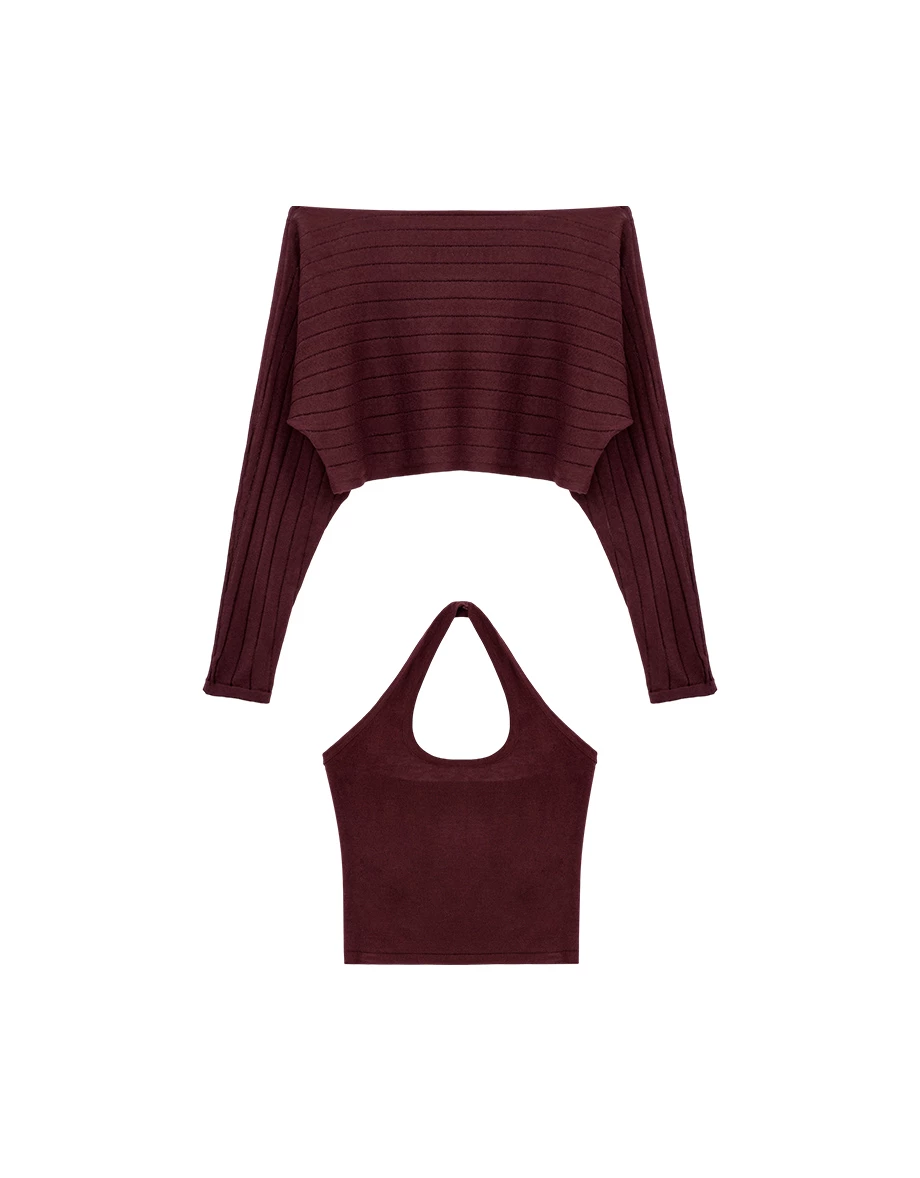 2WAY 一字領連袖鏤空條紋短版針織衫繞頸背心套裝