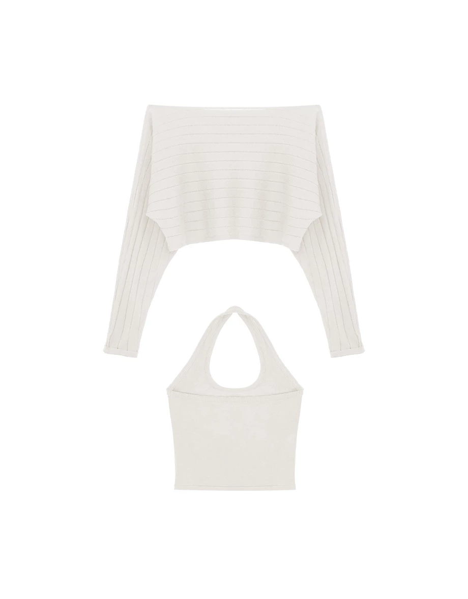 2WAY 一字領連袖鏤空條紋短版針織衫繞頸背心套裝