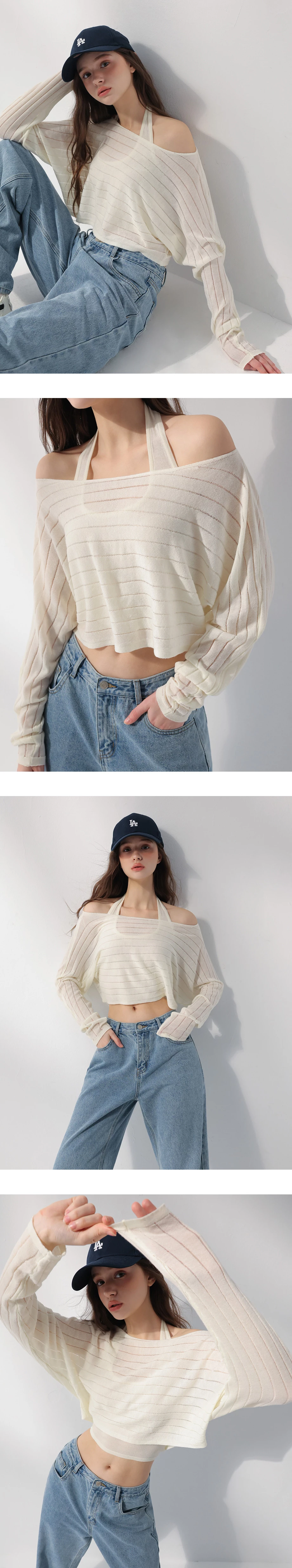 2WAY 一字領連袖鏤空條紋短版針織衫繞頸背心套裝