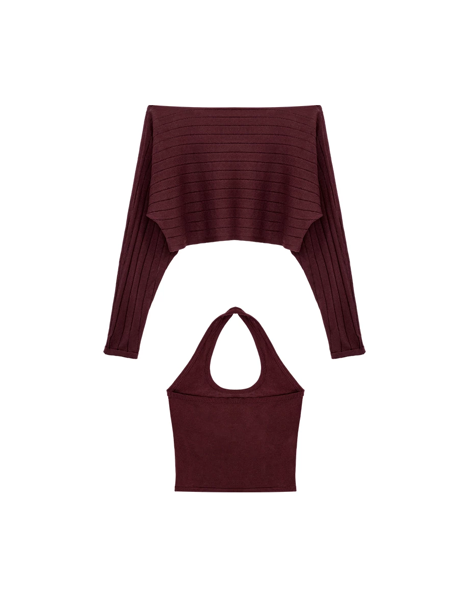 2WAY 一字領連袖鏤空條紋短版針織衫繞頸背心套裝