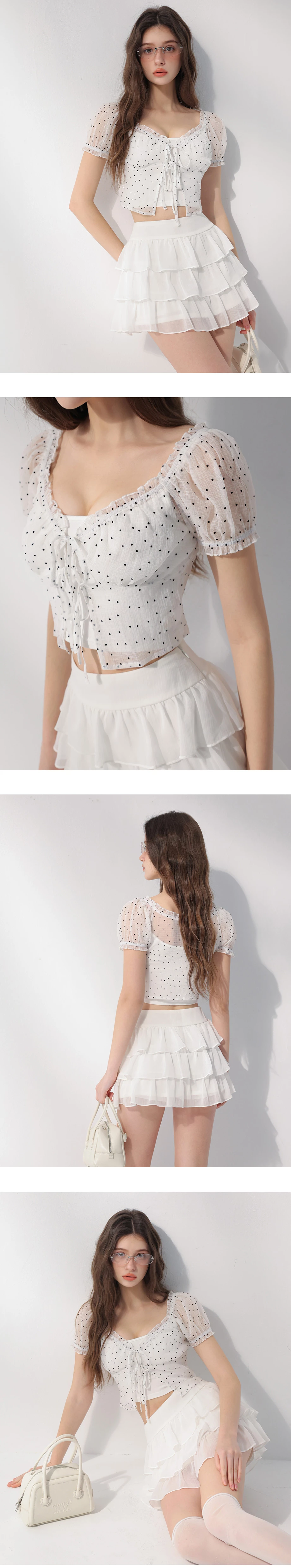 V領荷葉綁帶澎袖點點透膚短版上衣細肩帶背心套裝