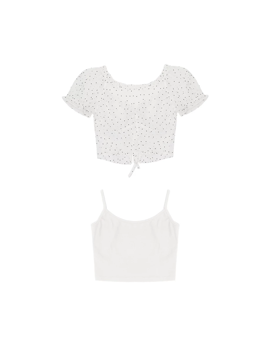 V領荷葉綁帶澎袖點點透膚短版上衣細肩帶背心套裝