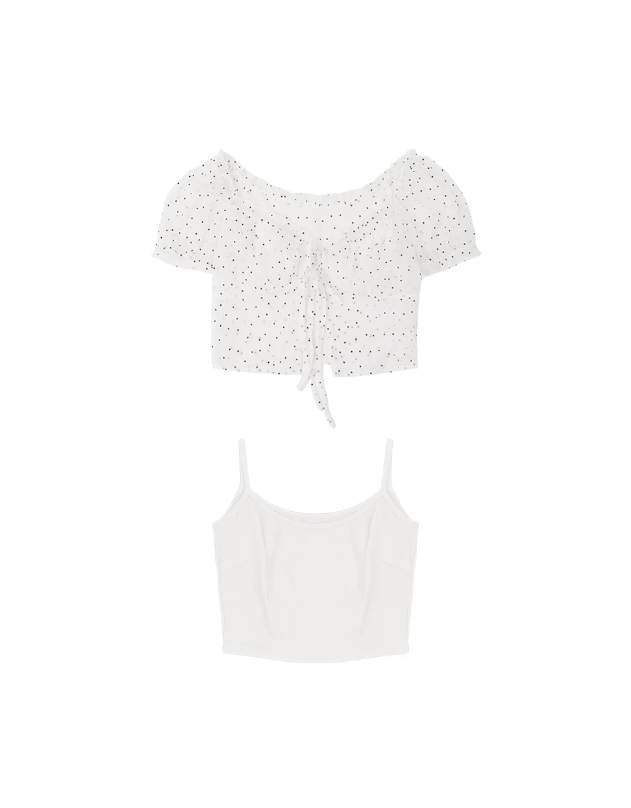 V領荷葉綁帶澎袖點點透膚短版上衣細肩帶背心套裝