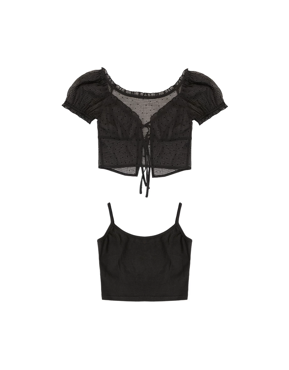 V領荷葉綁帶澎袖點點透膚短版上衣細肩帶背心套裝