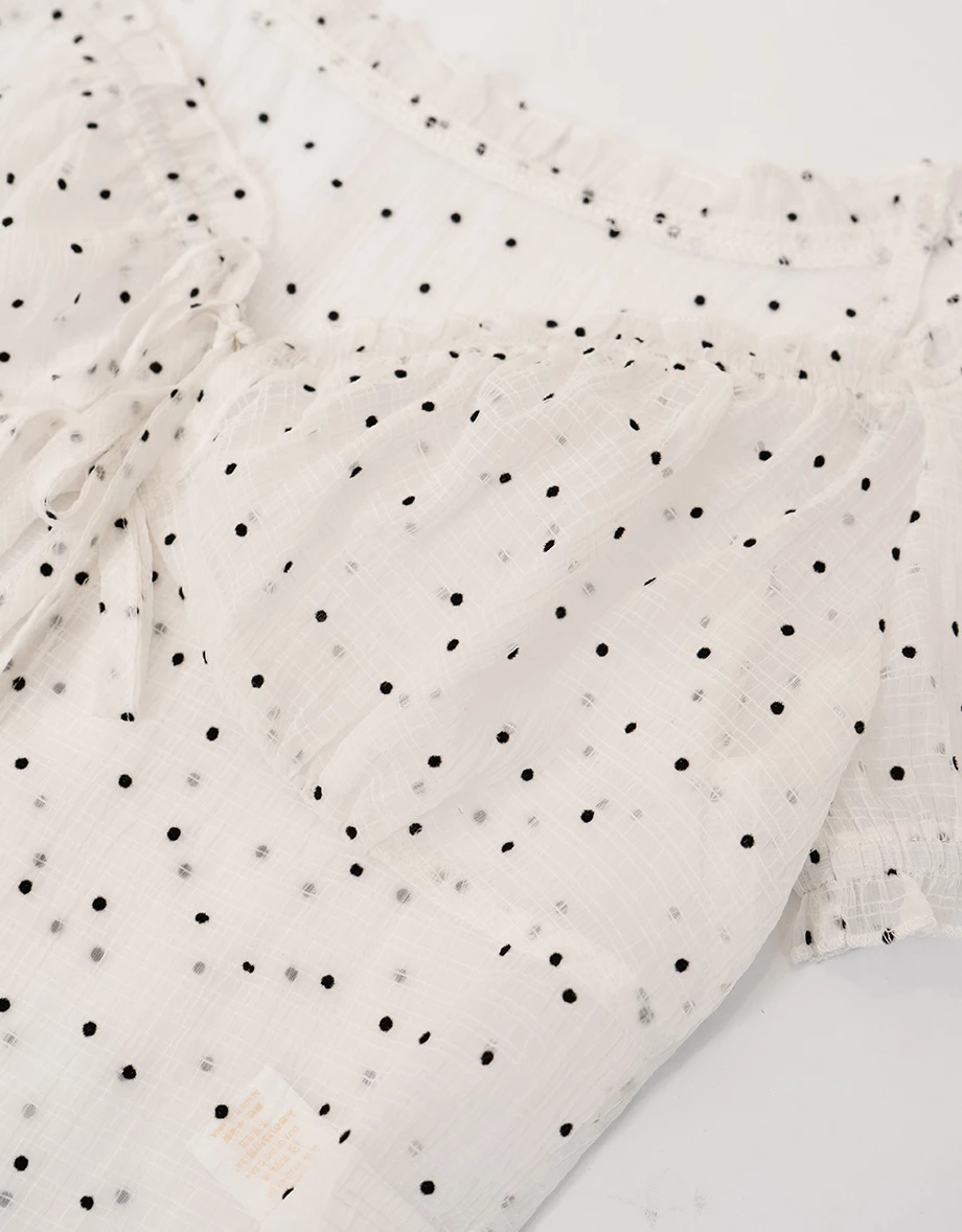 V領荷葉綁帶澎袖點點透膚短版上衣細肩帶背心套裝