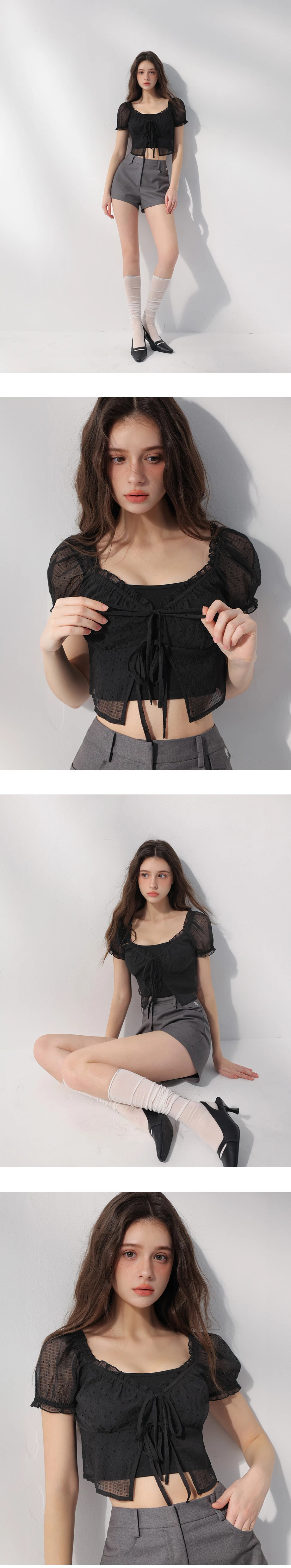 V領荷葉綁帶澎袖點點透膚短版上衣細肩帶背心套裝