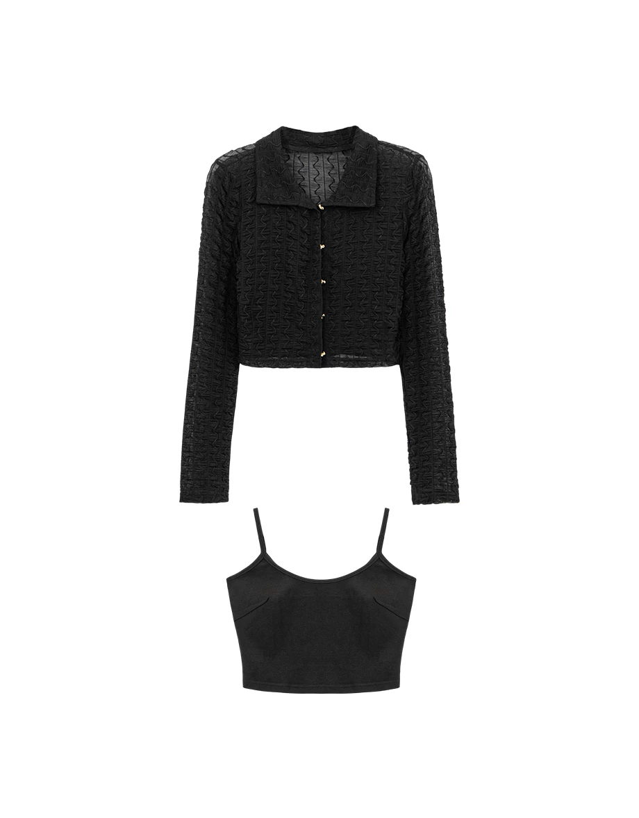 【HEYMAN聯名】翻領愛心扣開襟波紋皺褶透紗長袖短版上衣細肩帶背心套裝