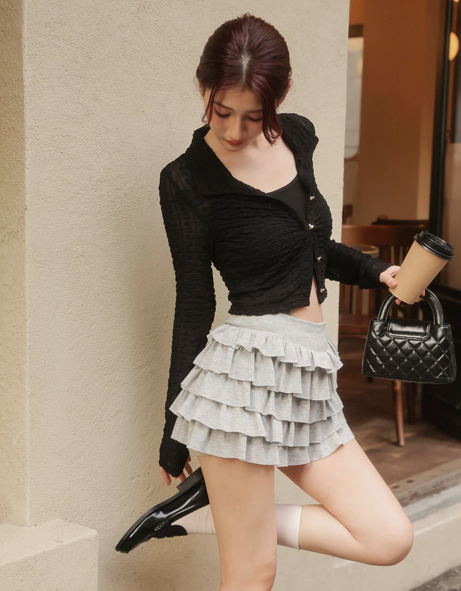 【HEYMAN聯名】翻領愛心扣開襟波紋皺褶透紗長袖短版上衣細肩帶背心套裝