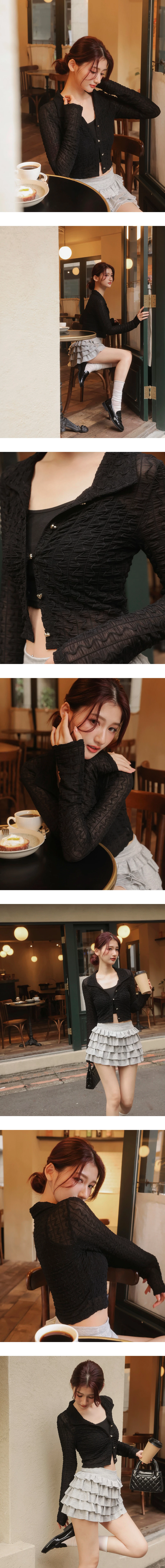 【HEYMAN聯名】翻領愛心扣開襟波紋皺褶透紗長袖短版上衣細肩帶背心套裝